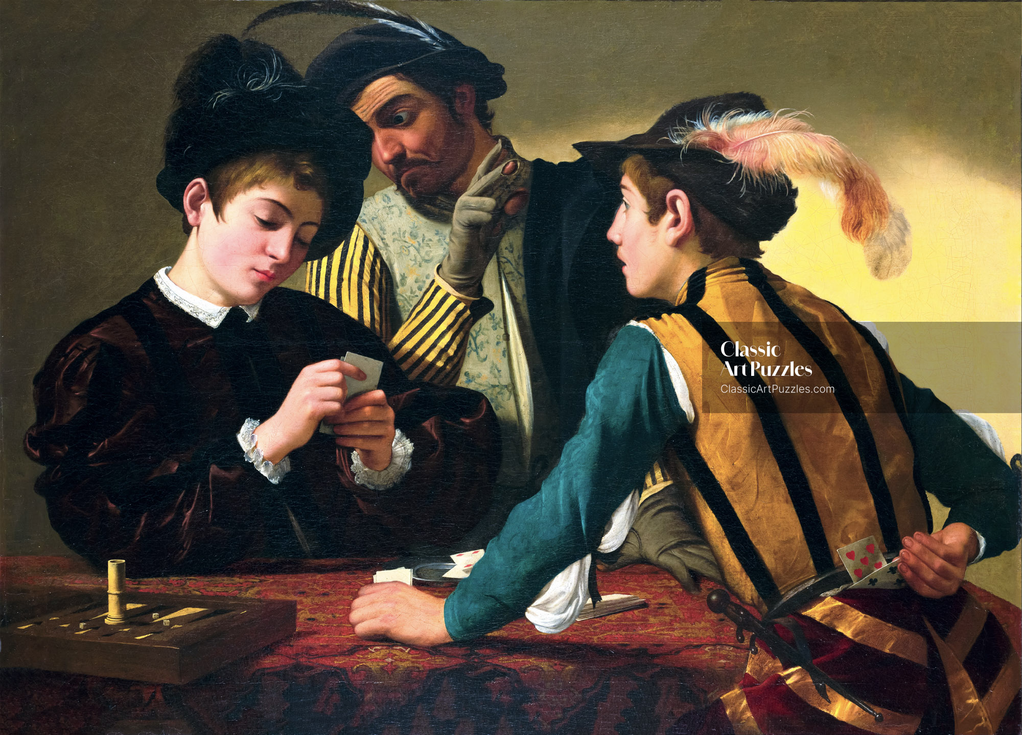 Three men engaged in a card game. One, with a sly smile, glances at a card hidden behind his back. The atmosphere is tense and cunning.