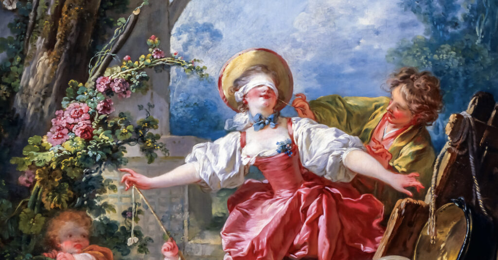 A colorful, romantic painting shows a blindfolded woman in a pink dress and straw hat playfully reaching out. A man gently guides her. Lush greenery and blooming flowers surround them, embodying a joyful, whimsical atmosphere.