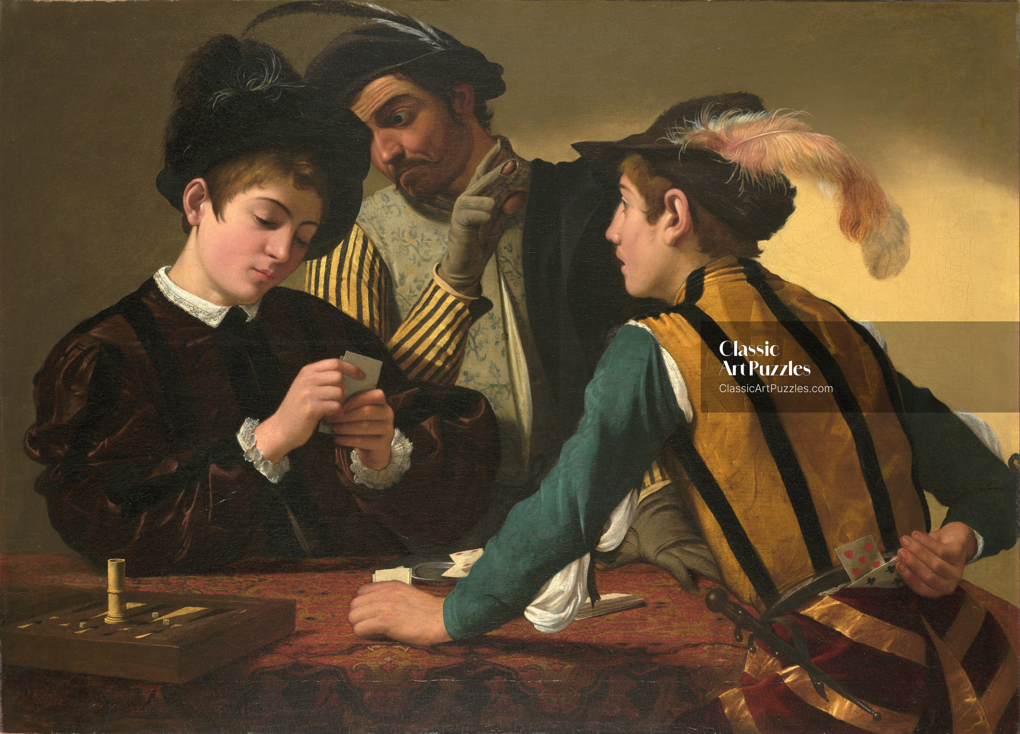 Three men engaged in a card game. One, with a sly smile, glances at a card hidden behind his back. The atmosphere is tense and cunning.