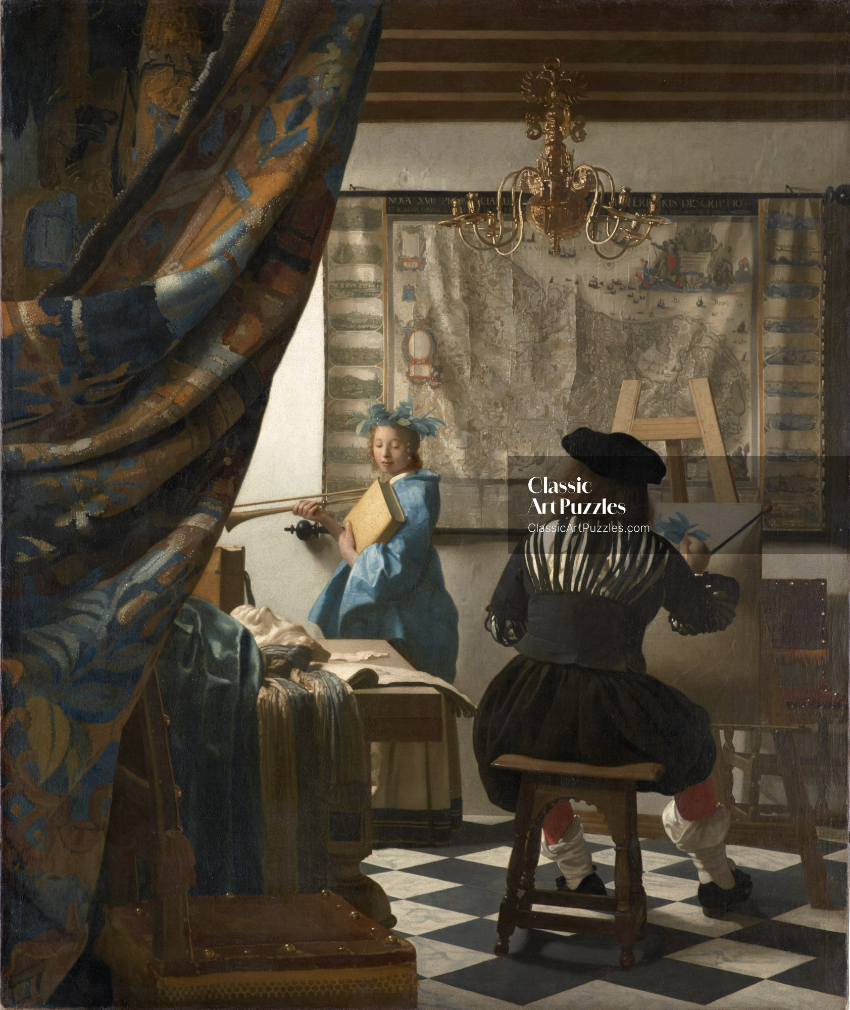 A painter in 17th-century attire works at an easel in a sunlit room adorned with a detailed map and chandelier. A model in a blue dress stands by.
