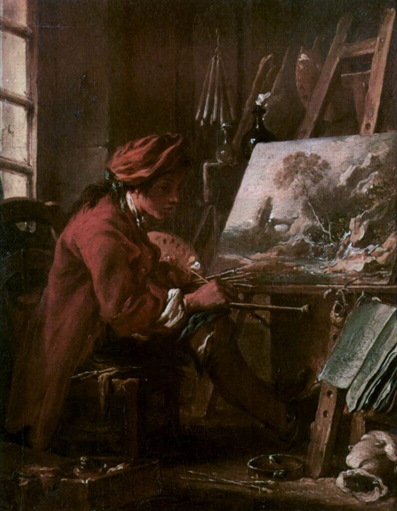 François Boucher
A painter in a red coat and hat works intently on a landscape canvas in a dimly lit studio, surrounded by brushes and art supplies, evoking focus and creativity.