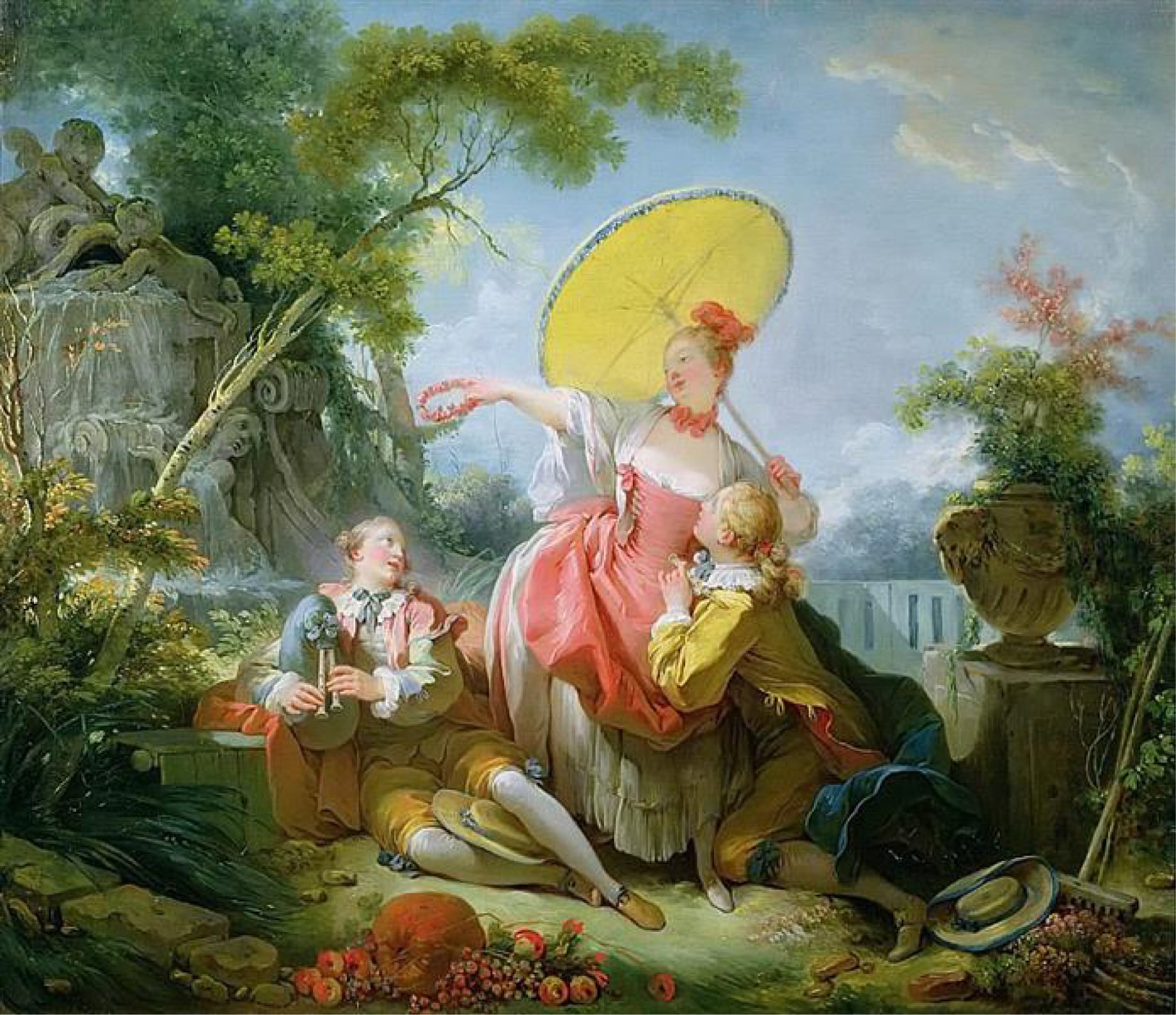 A cheerful woman with a yellow skirt offers a garland to a kneeling man under a large yellow parasol. Another youth plays a flute as fruits and flowers spill around them in an ornate garden.