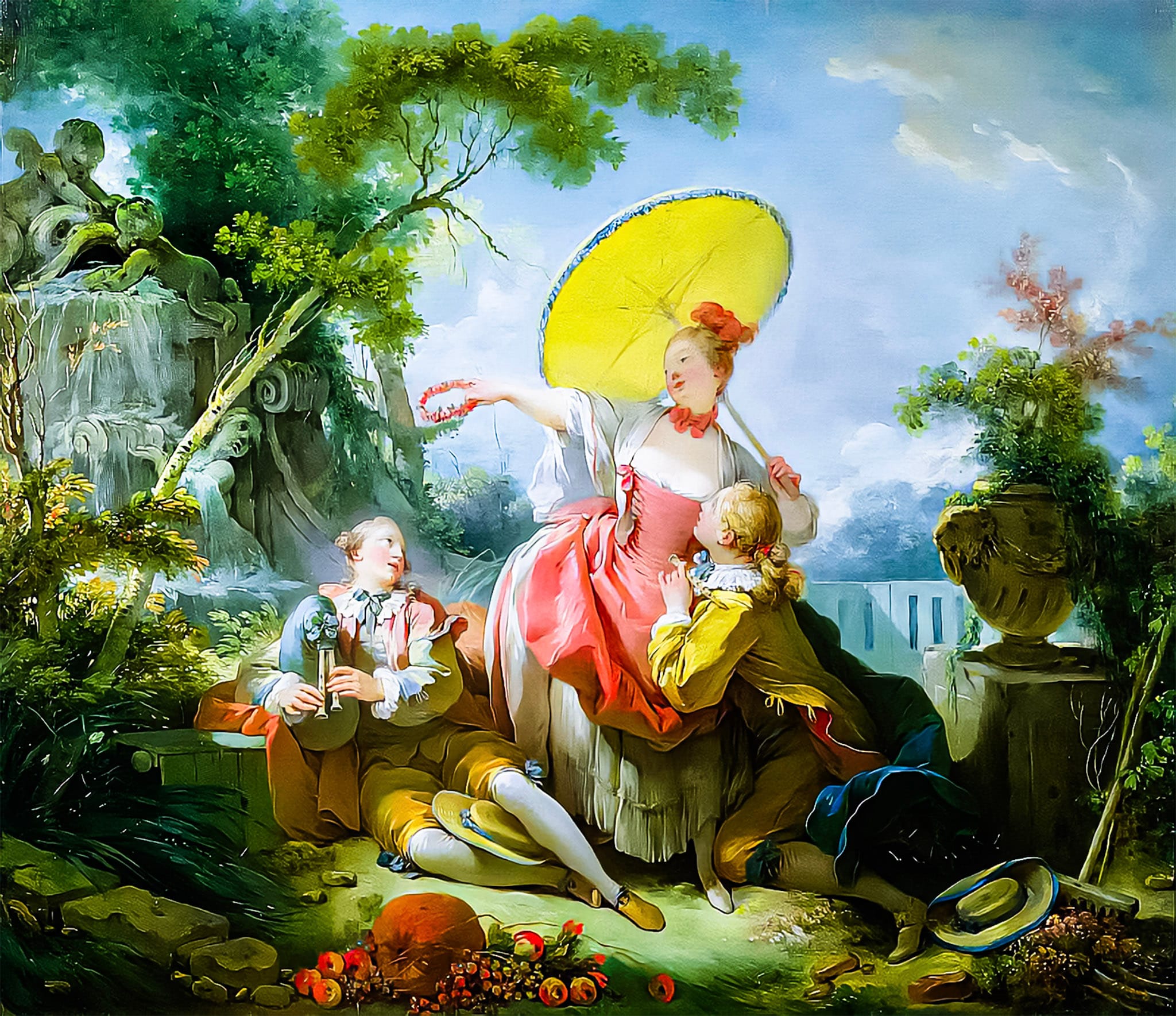 A cheerful woman with a yellow skirt offers a garland to a kneeling man under a large yellow parasol. Another youth plays a flute as fruits and flowers spill around them in an ornate garden.