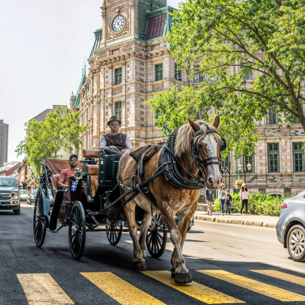 Horse-drawn carriage in front of historic architecture in Old Quebec, Canada – Free Printable Spot the Difference Game, Landmarks Around the World Puzzle.