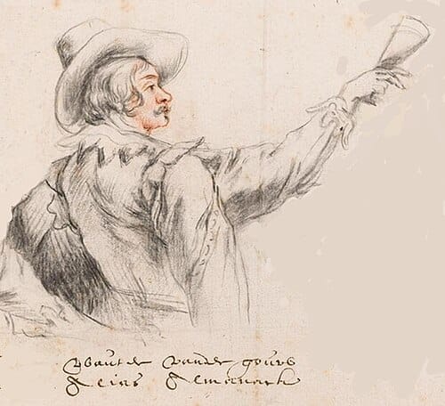 Drawing of a man in a hat and ruffled shirt, raising a glass in celebration. His expression is joyful, and there's cursive writing below.