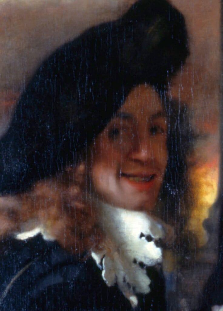 The Art of Painting. Johannes Vermeer Portrait . A man with long curly hair wears a dark wide-brimmed hat and white ruffled collar, smiling slightly. The painting conveys a warm, historical tone.