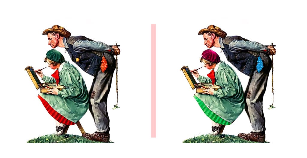 Featuring Spot the Difference Puzzle Book. Two side-by-side “spot the difference” puzzle images depicting a man leaning over to watch a seated woman painting at an easel. In the left image, the woman wears a green hat and red skirt trim, and the man’s handkerchief is orange with yellow spots. In the right image, the woman’s hat is purple and her skirt trim is green, while the man’s handkerchief is blue with white spots. Subtle changes between the two images challenge the viewer to find all the differences.