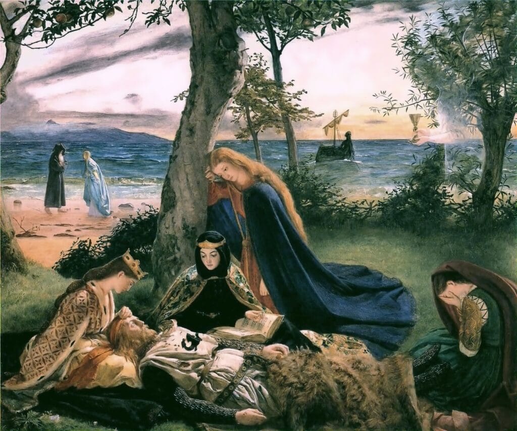Pre-Raphaelite. A medieval scene by the sea shows three women tending to a sleeping knight under a tree, exuding a sense of calm and melancholy, with a boat in the distance.
