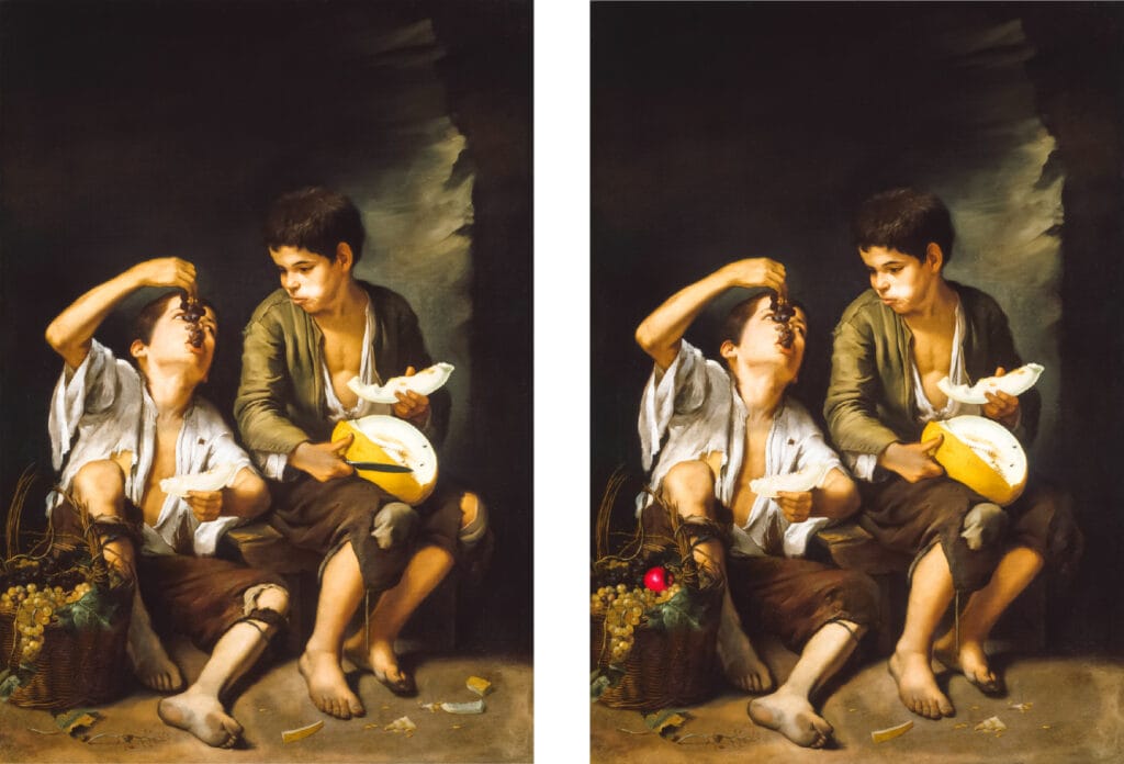 Featuring Spot the Difference. Side-by-side comparison of two versions of the painting "Two Boys Eating Fruit" by Bartolomé Esteban Murillo, featuring two barefoot boys sitting on the ground sharing grapes and melon. In the right image, subtle changes reveal it as a spot-the-difference puzzle—such as the added red apple in the fruit basket and a missing melon rind on the floor.