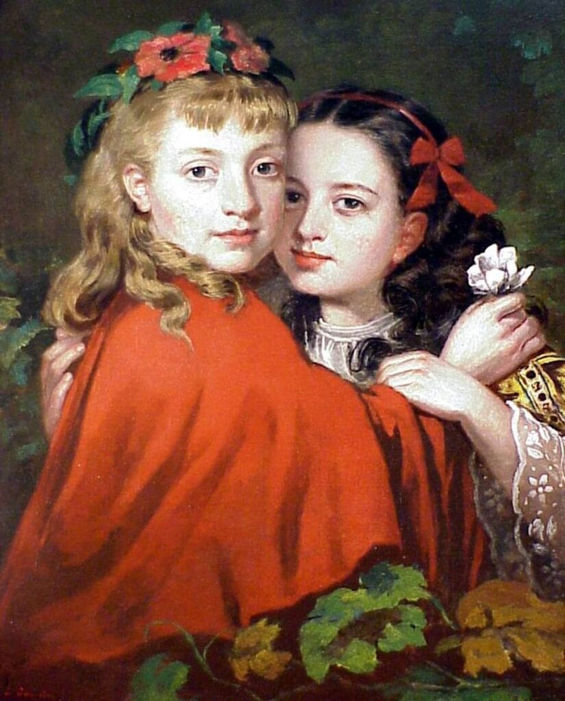James Collinson.
Portrait of two young girls embracing with soft expressions, wearing red and floral headpieces. The background is dark with green foliage, conveying warmth and intimacy.