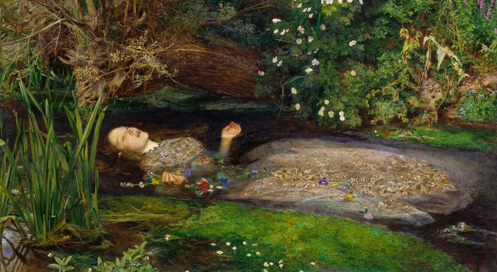 Mariana. John Everett MillaisA woman in a floral dress floats serenely on her back in a lush, flower-filled stream. Her expression is peaceful, surrounded by greenery.