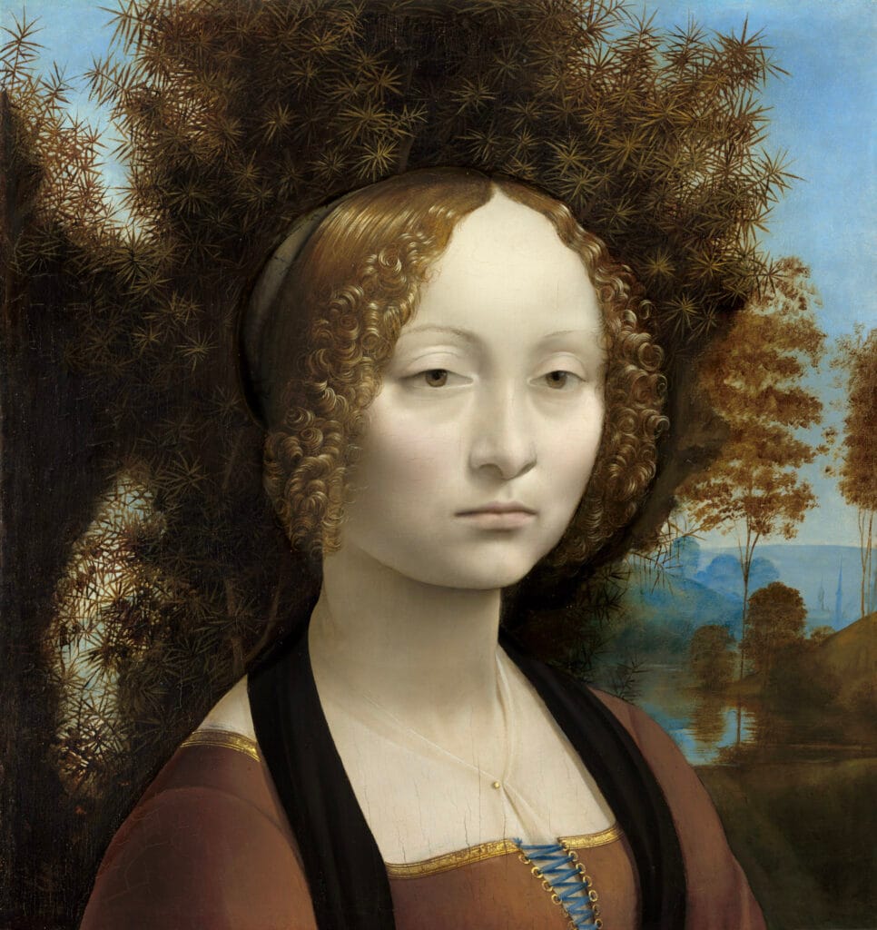 A portrait of a woman with a serene expression, curly hair, and a medieval dress. She is set against a backdrop of trees and a distant landscape.