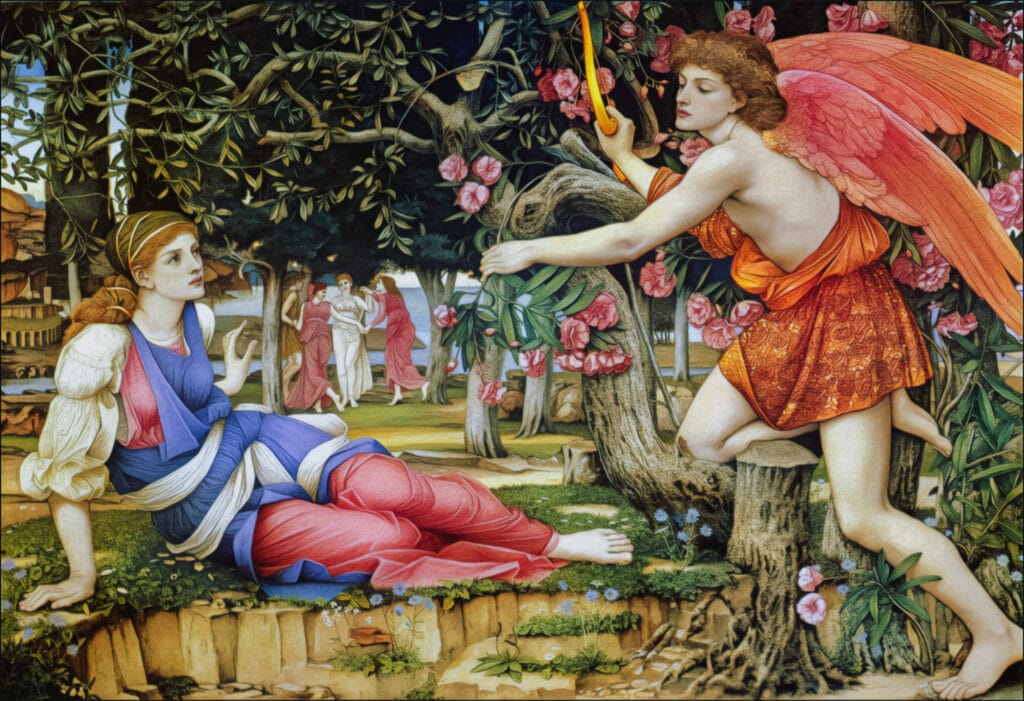 A woman in a blue and red dress reclines on grass, gazing at a winged figure in orange, surrounded by blooming trees and foliage, with a calm, serene expression.