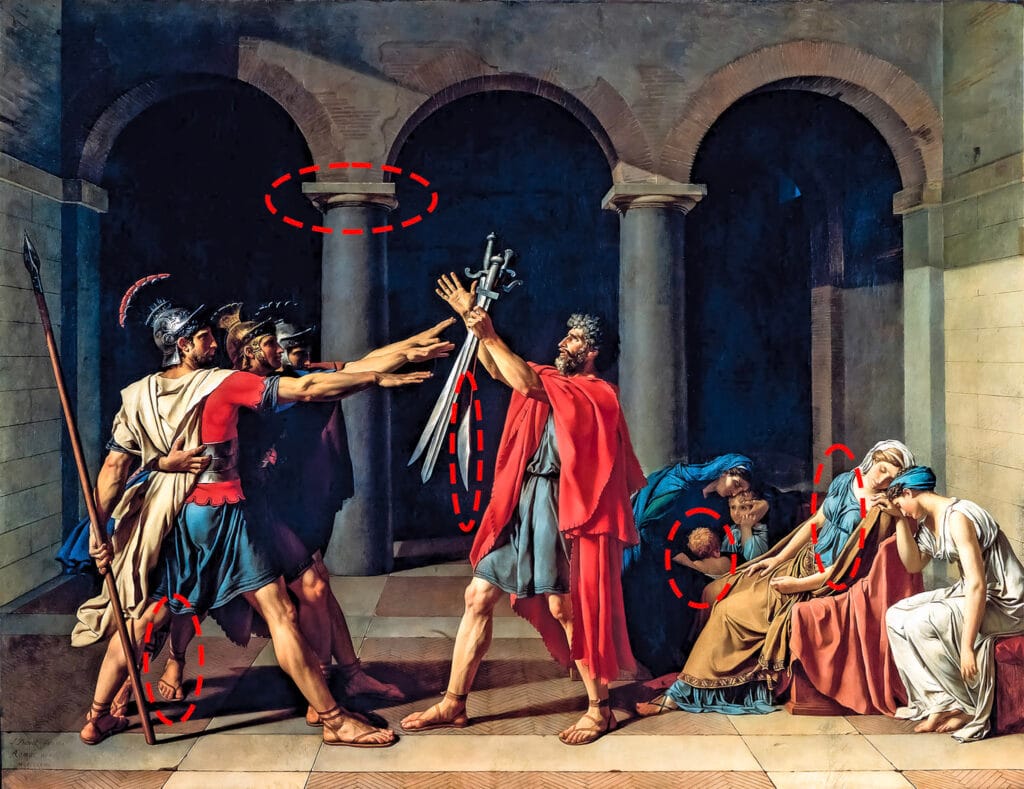 A solemn Roman father holds out three swords as his sons reach toward them, swearing an oath of loyalty. To the right, women mourn in emotional contrast. The setting is stark, with Roman arches and dramatic lighting emphasizing duty, sacrifice, and patriotism.