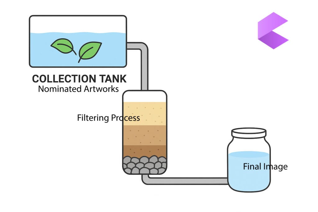 Picture Puzzle. Diagram illustrating an art selection process: a collection tank labeled "Nominated Artworks" with leaves, connected to a "Filtering Process," leading to a jar labeled "Final Image."