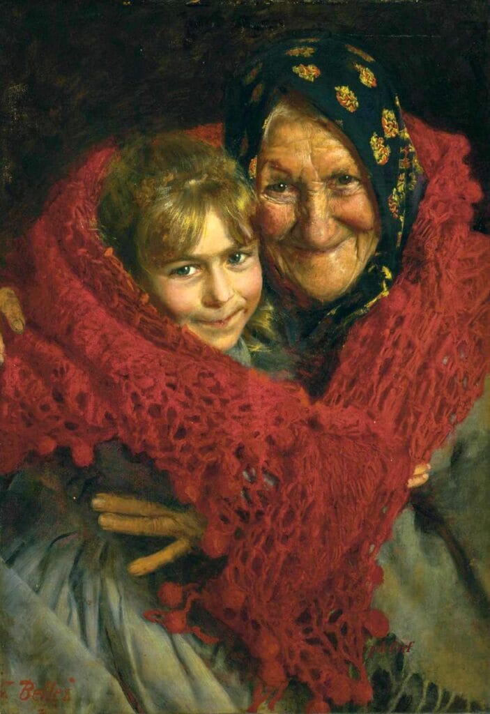 The Cherries . Gaetano Bellei.
Grandmother and child wrapped in a red shawl, smiling warmly. The grandmother wears a patterned headscarf, conveying warmth and affection.