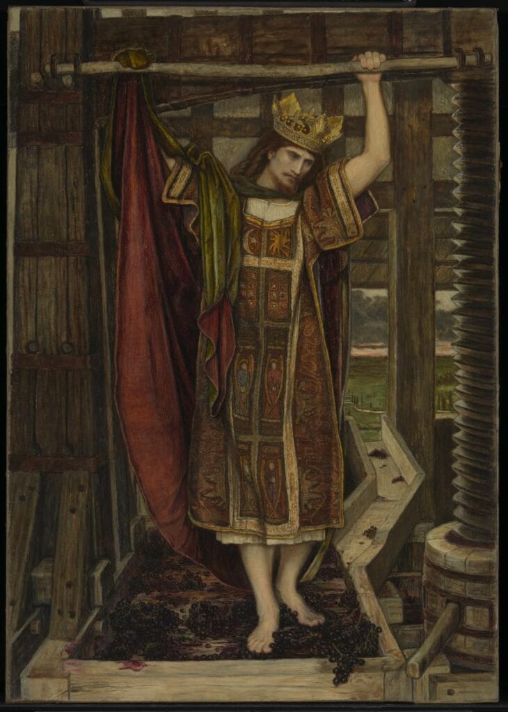 Stanhope 
A regal figure wearing a golden crown and ornate robe treads on grapes in a wooden press. His expression is somber, set against a medieval backdrop.