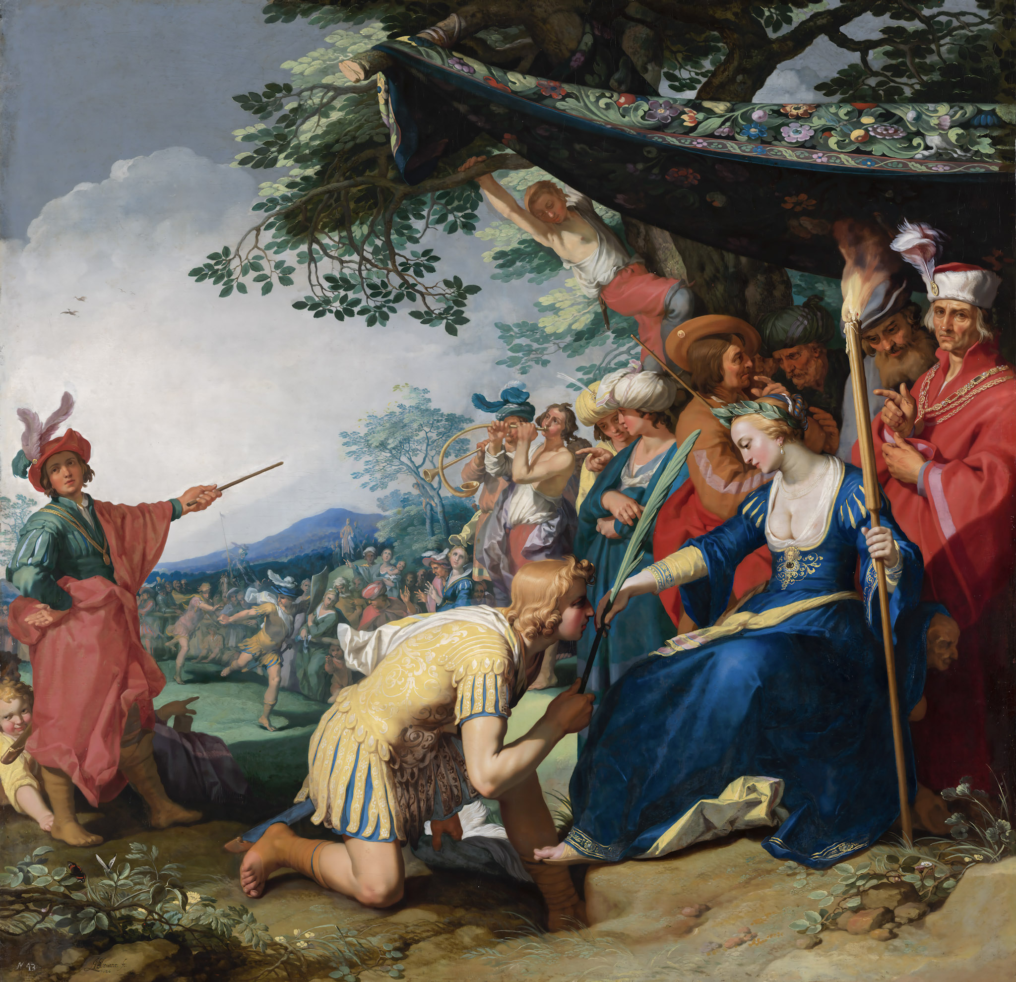 A regal scene depicts a kneeling man in yellow before a woman in rich blue and gold robes beneath a canopy. Onlookers in vibrant attire watch nearby.