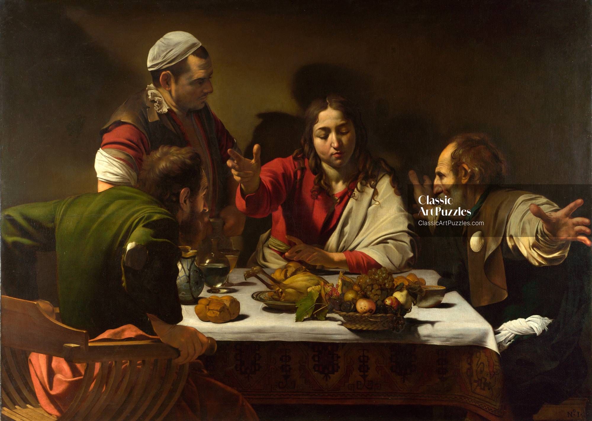 Four men are gathered around a table with food, engaged in animated conversation. The scene is warmly lit, creating a dramatic and intimate atmosphere.