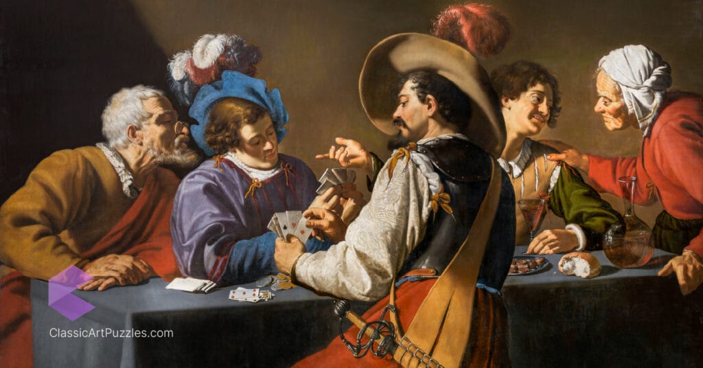 The Card Players. Five people gather around a table with playing cards. One man cheats with an accomplice peeking, while others are unaware. The mood is tense yet engaging.
