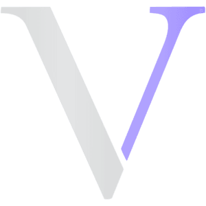 A large letter "V" is centered on a black background. The left half is light gray, while the right half is a soft purple, creating a bold, modern look.