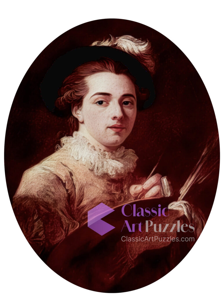 Oval portrait of a young person in 18th-century attire, holding painting tools. The expression is calm. Text reads "Classic Art Puzzles."