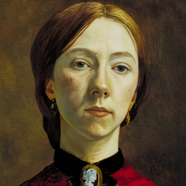 A woman with reddish-brown hair pulled back, wearing a red patterned dress, black collar, and cameo brooch, is depicted against a plain brown background.
