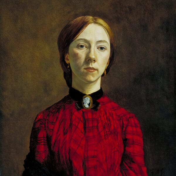 Portrait of a woman in a red plaid dress with a cameo brooch. Her expression is serious; the background is a muted brown, conveying a somber tone.