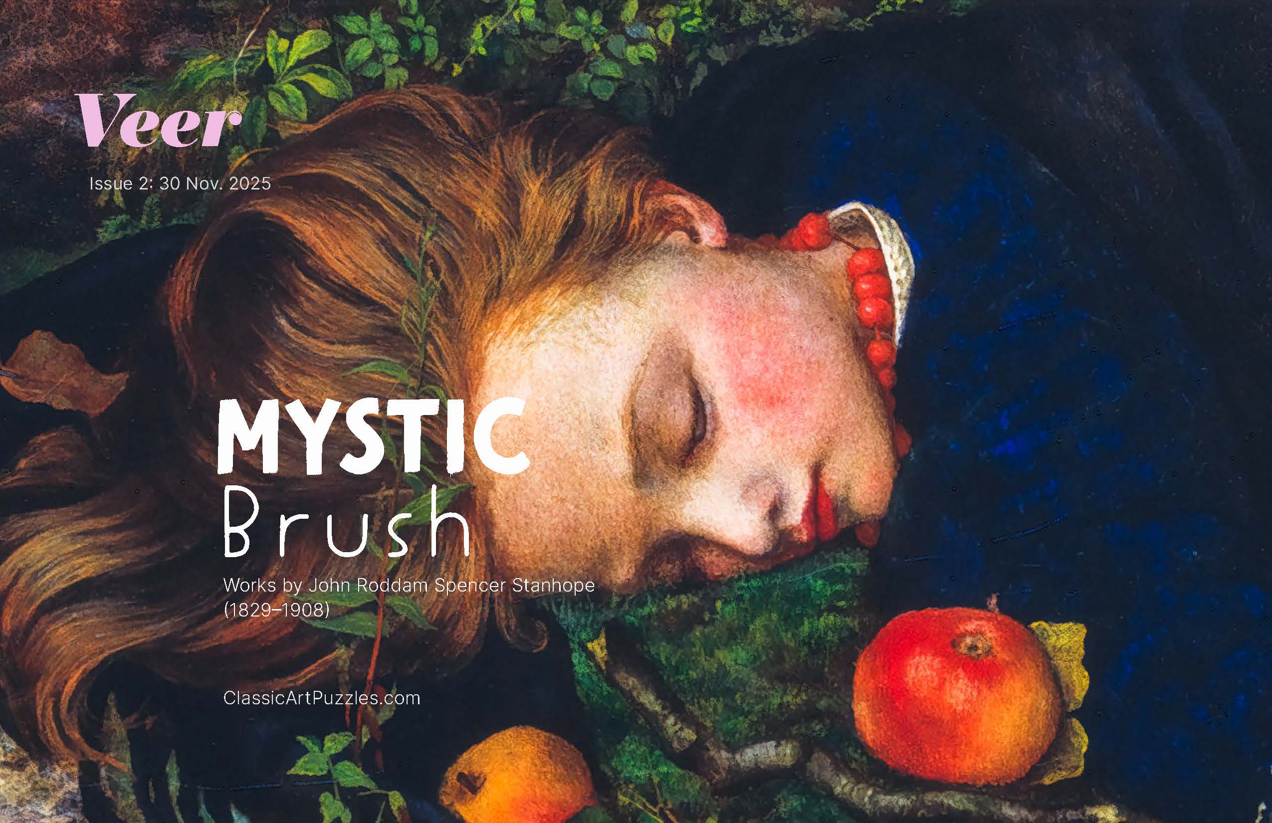 A serene image of a sleeping girl with red hair and a beaded necklace, surrounded by apples and greenery. The cover reads "Veer" and "Mystic Brush."