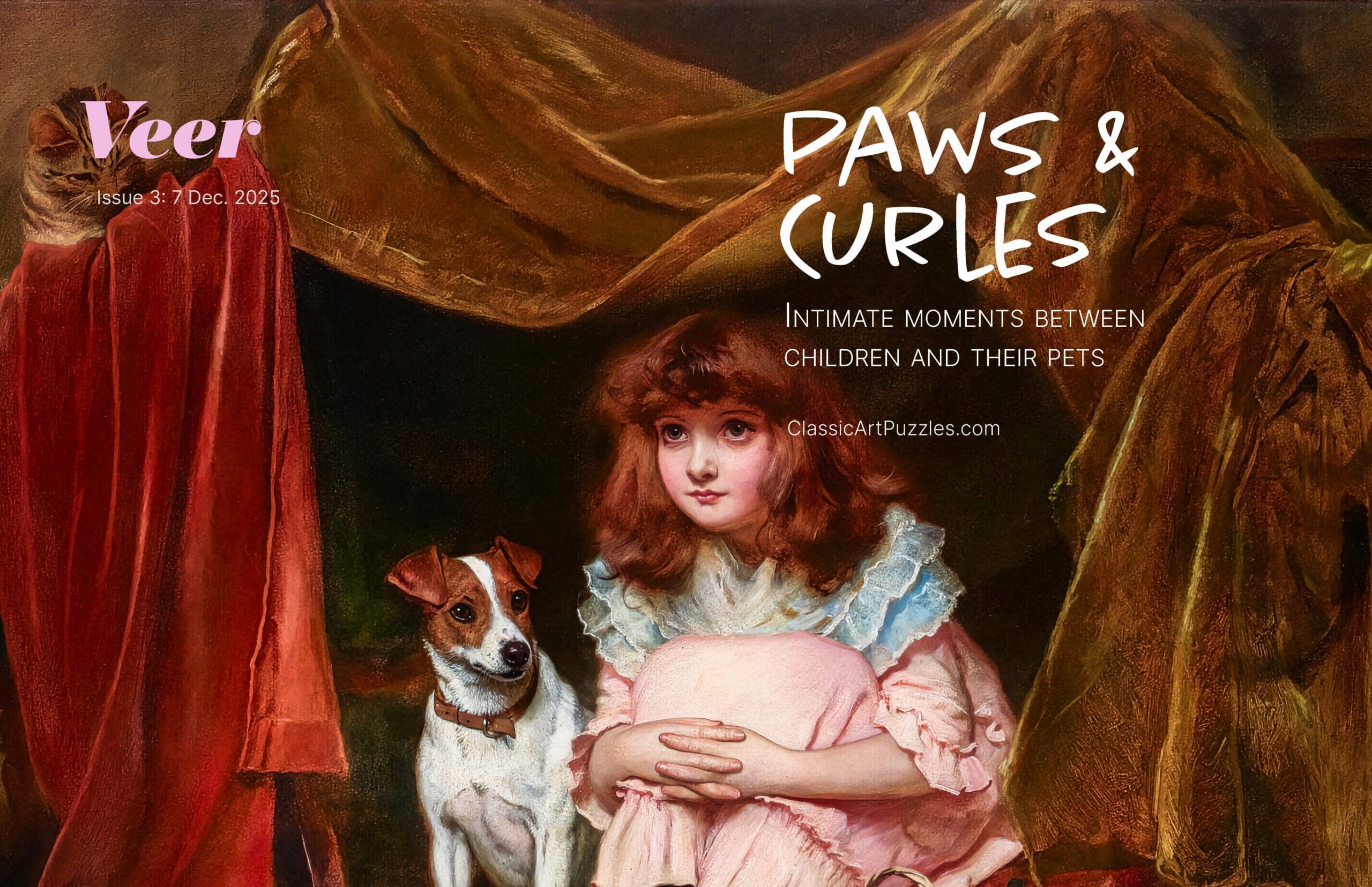 A young girl with red curls and a frilly dress sits beside a small dog under rich, brown draped fabric. Text reads "Paws & Curls: Intimate moments between children and their pets."