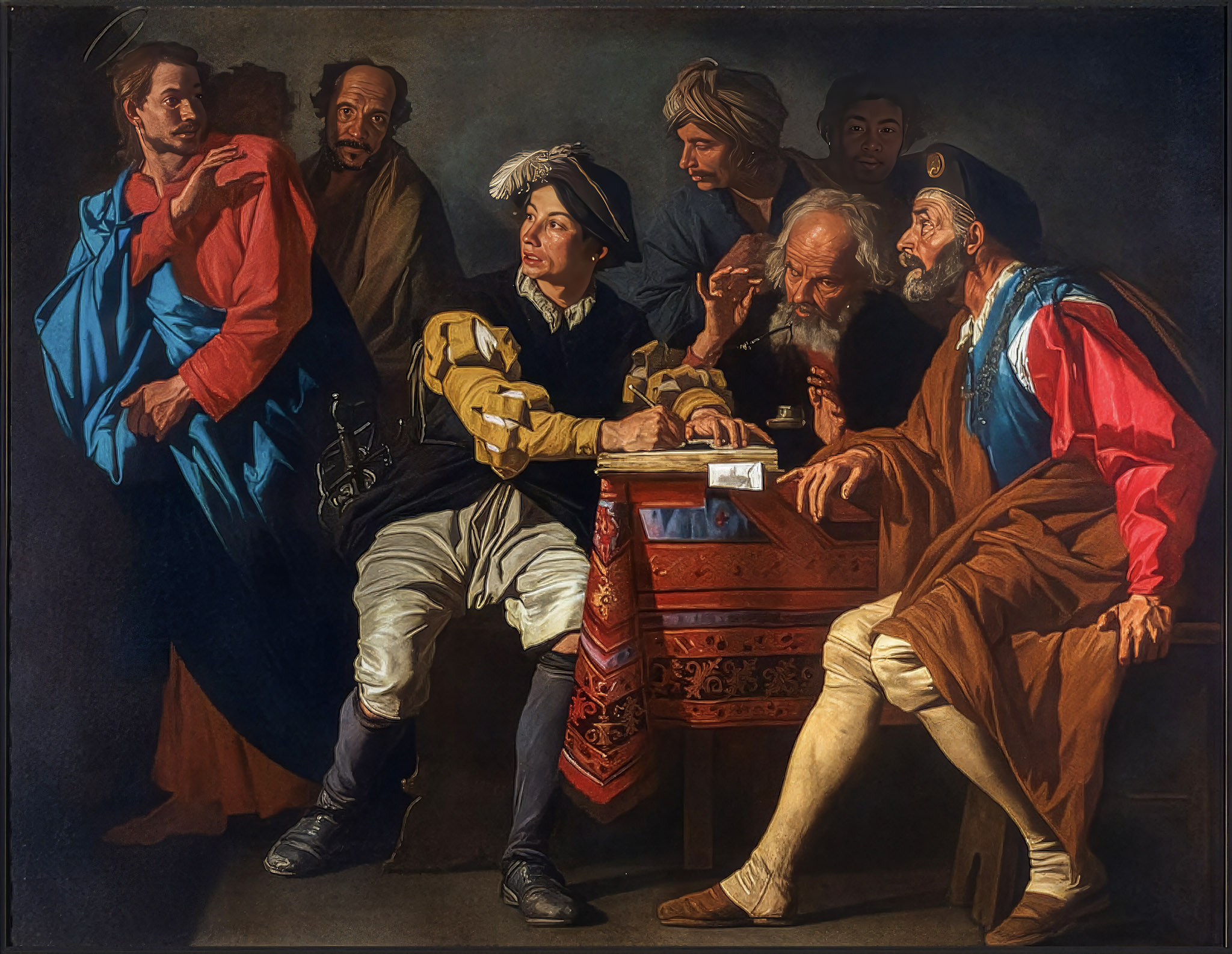 A group of men in period clothing gather around a table, each with distinct expressions. A man in a blue and red robe appears contemplative, contrasting with the others' animated discussion. The scene conveys collaboration and intrigue against a dimly lit backdrop.
