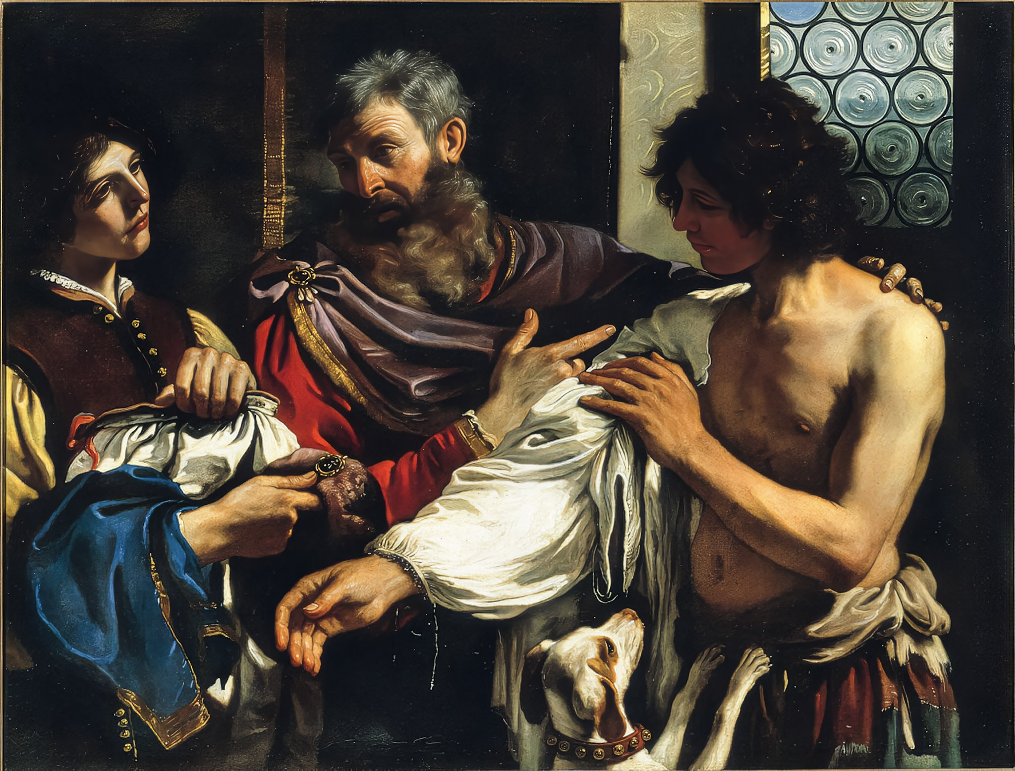 A dramatic painting depicts three men in rich clothing exchanging emotional glances. The central figure has a gray beard. A small dog gazes upwards. The scene conveys tension.