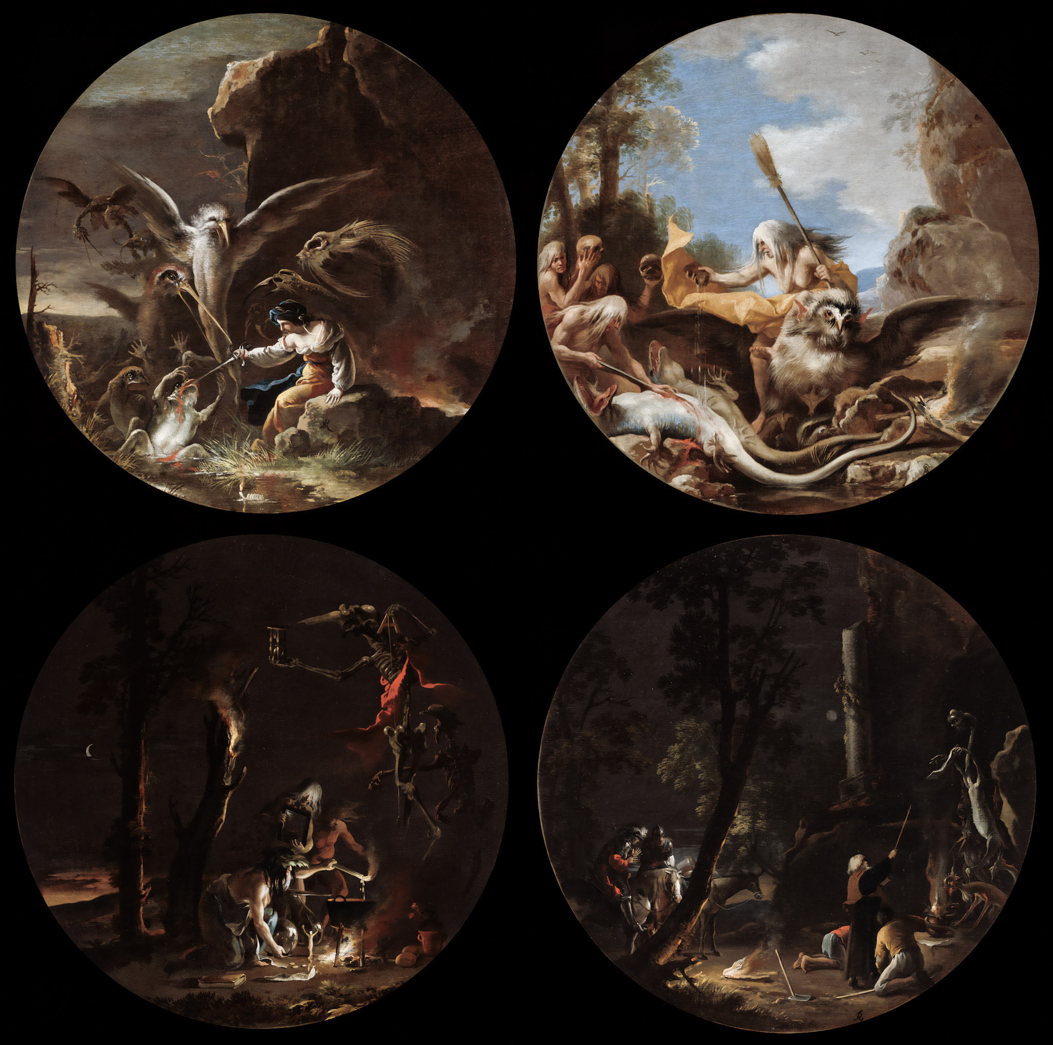 Four round paintings depict mythological scenes with mythical creatures and figures in dramatic landscapes. Dark, moody tones convey a sense of mystery.
