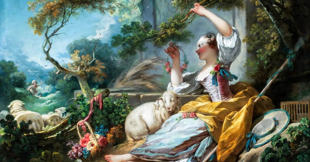 Shepherdess. A woman in elegant 18th-century attire sits in a lush garden, holding flowers. A sheep rests beside her. The scene is idyllic and peaceful, with vibrant colors.
