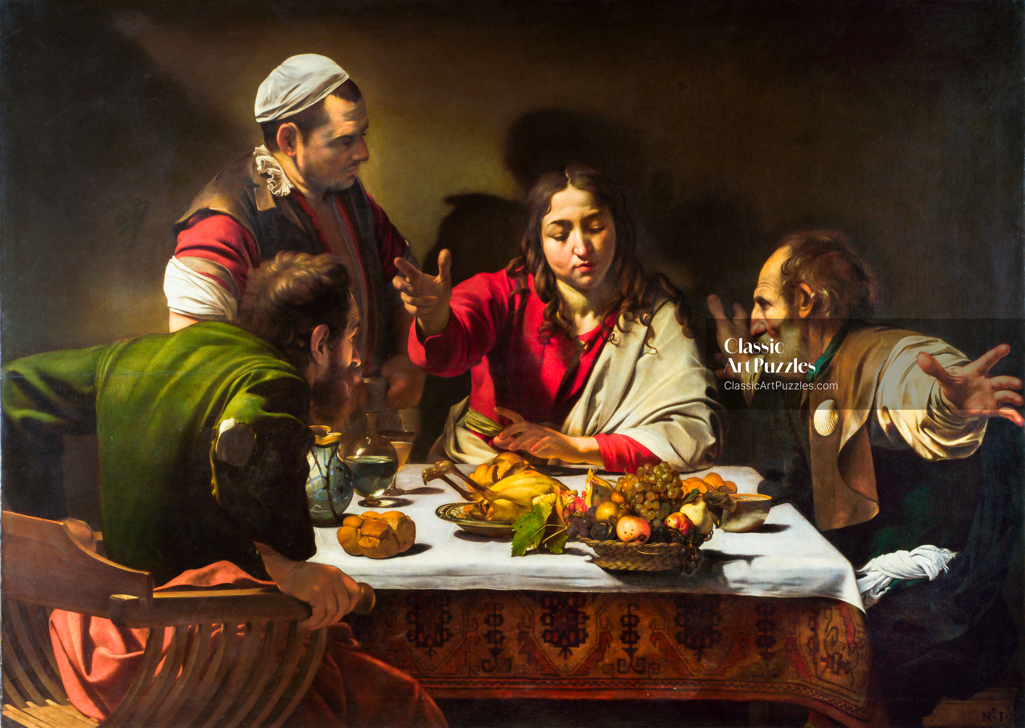 Four men are gathered around a table with food, engaged in animated conversation. The scene is warmly lit, creating a dramatic and intimate atmosphere.