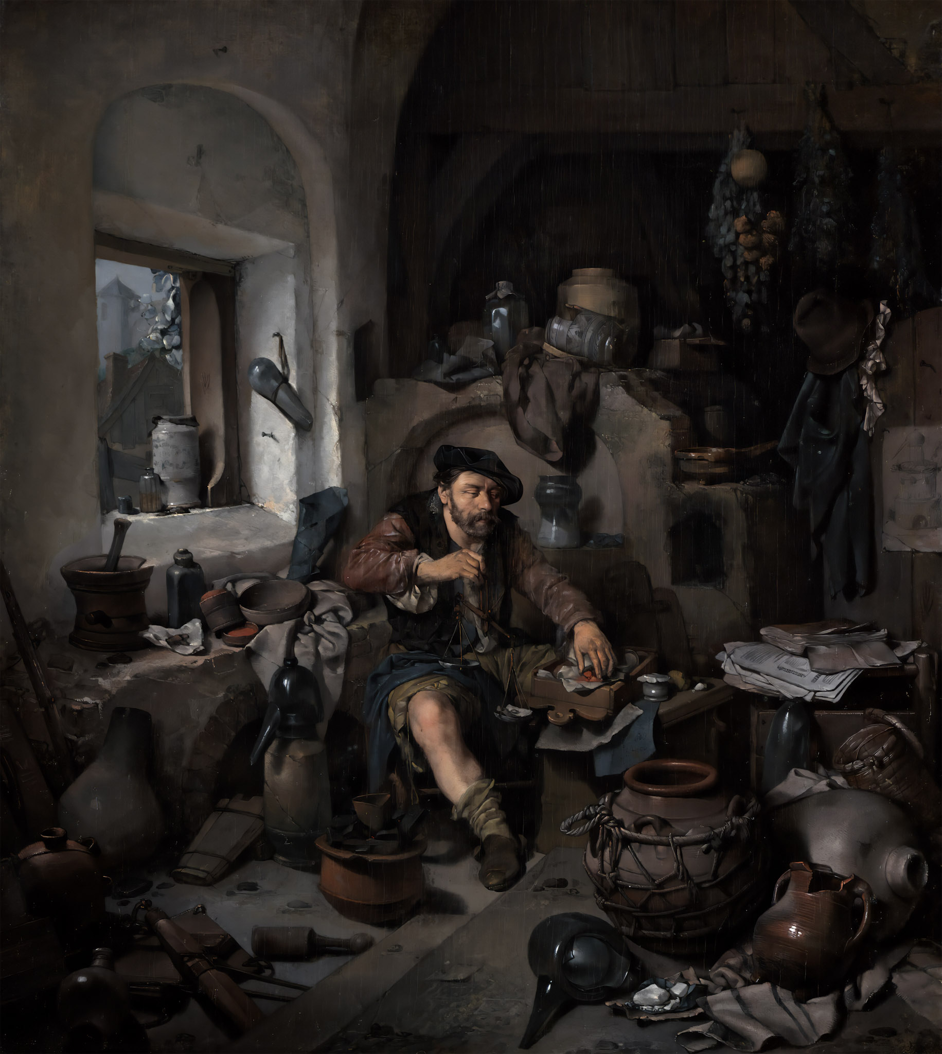 A rustic, cluttered room with a bearded man sewing. He wears a brown jacket and cap, surrounded by pottery, hanging herbs, and dim lighting, evoking a pensive mood.