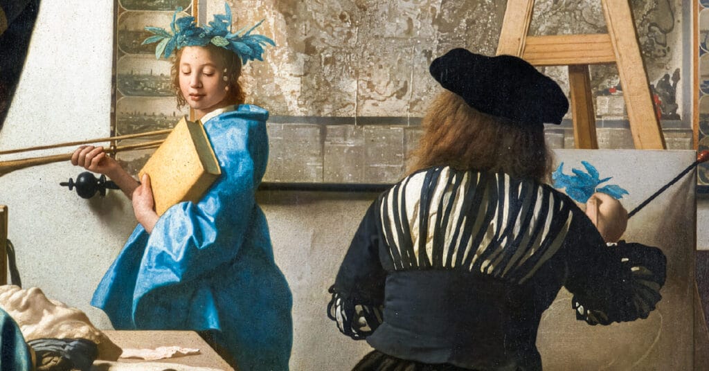 A painter in a black hat and striped shirt works on a canvas, depicting a young girl in a blue dress and feathered hat holding a book. The scene evokes focus and creativity.