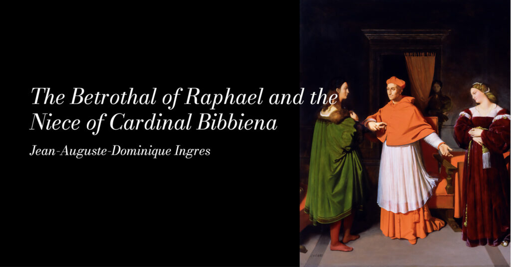 On the right, a historical painting depicts a cardinal in vibrant red robes officiating a betrothal between a man in green and a woman in red. The mood is formal and ceremonial.