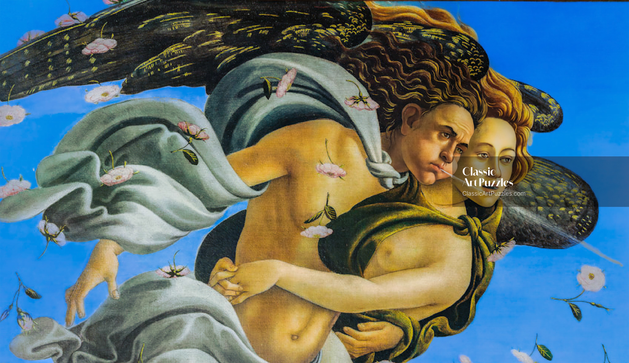 A man and woman with flowing hair and cloaks fly through a sky with pink flowers. The mood is dynamic and ethereal, capturing movement and myth.