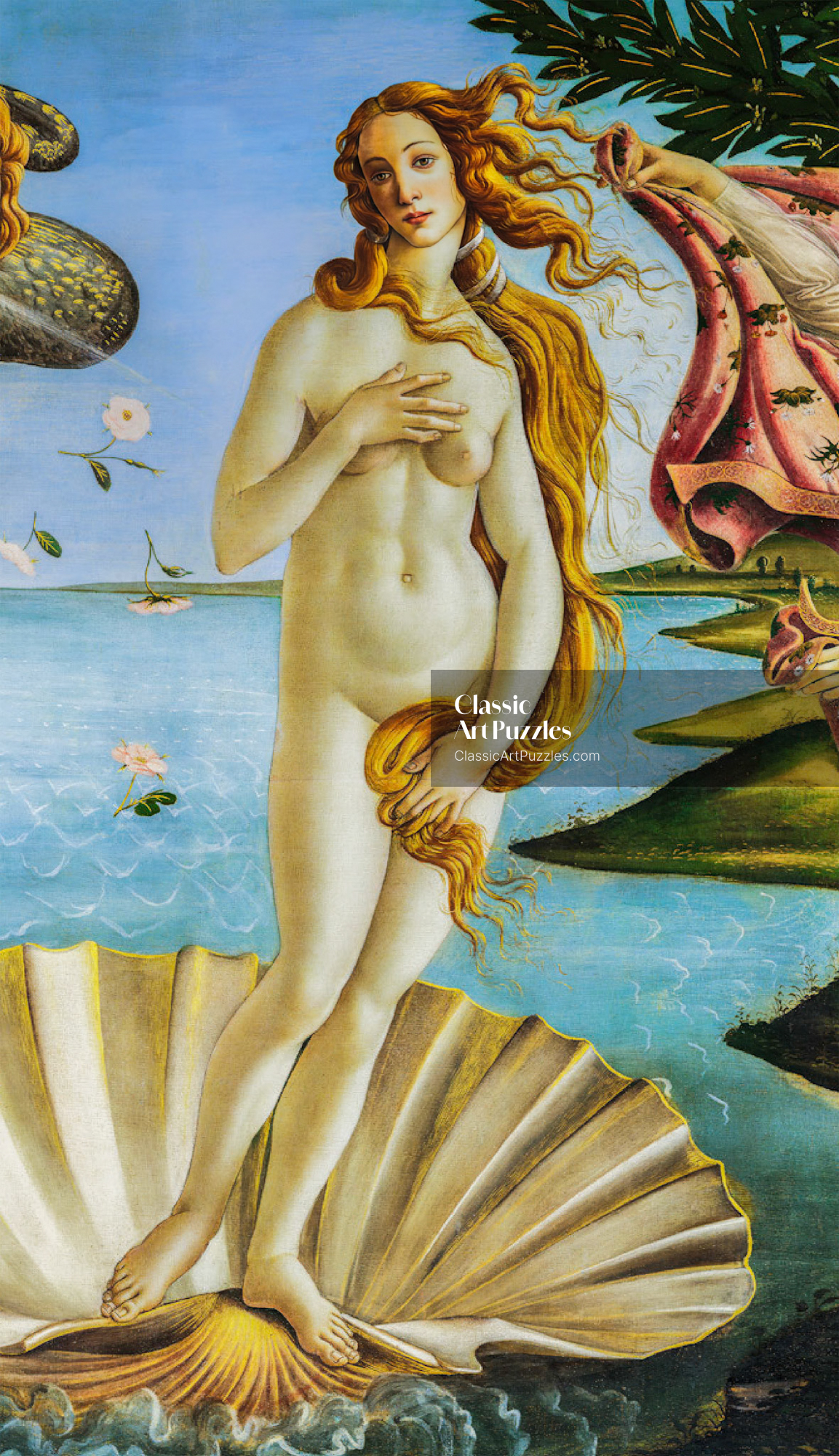 A woman with flowing hair stands gracefully on a seashell in the sea, covering herself with her hand and hair. The sky is blue, with flowers and a figure extending fabric on the shore.