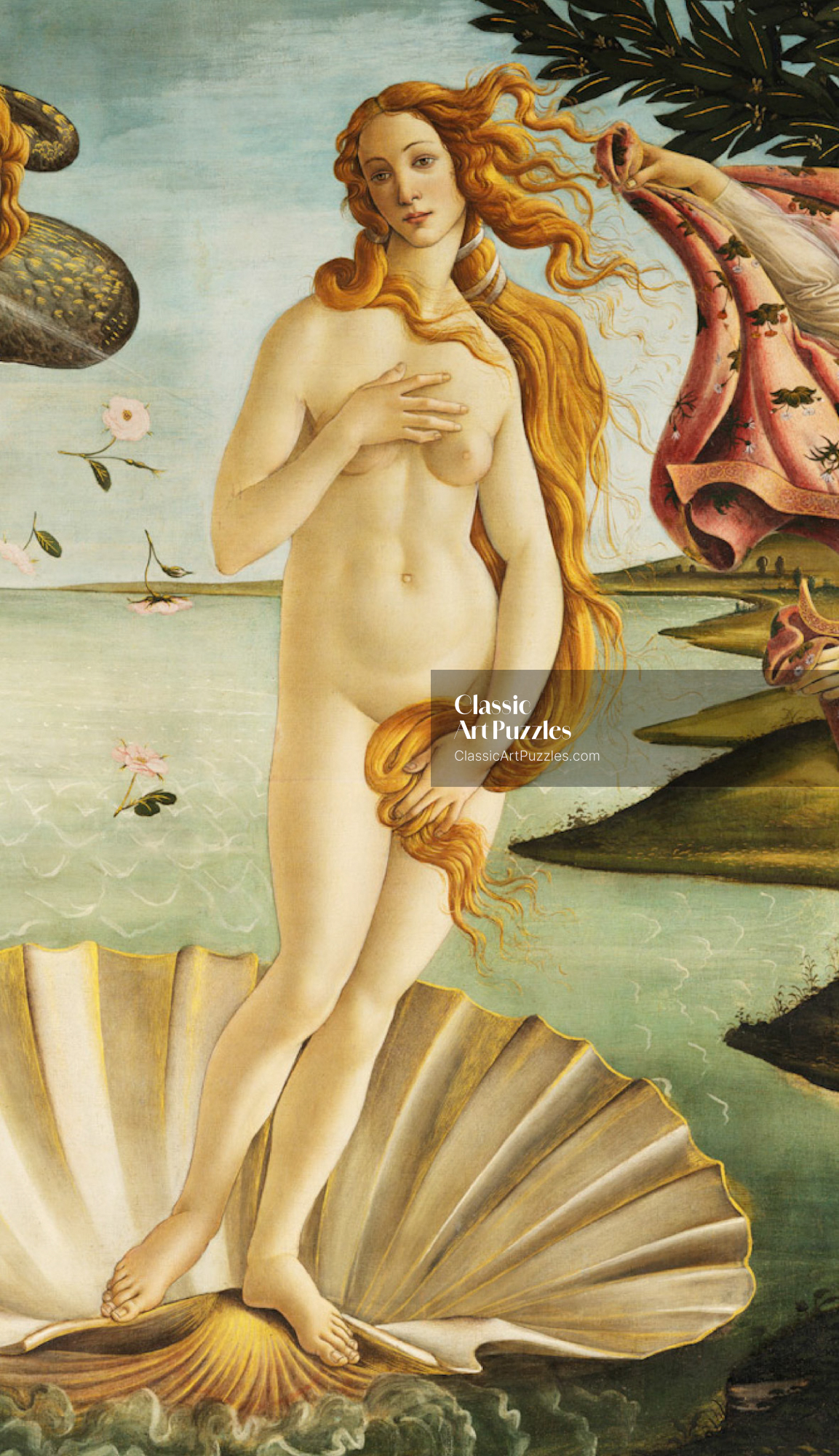A woman with flowing hair stands gracefully on a seashell in the sea, covering herself with her hand and hair. The sky is blue, with flowers and a figure extending fabric on the shore.