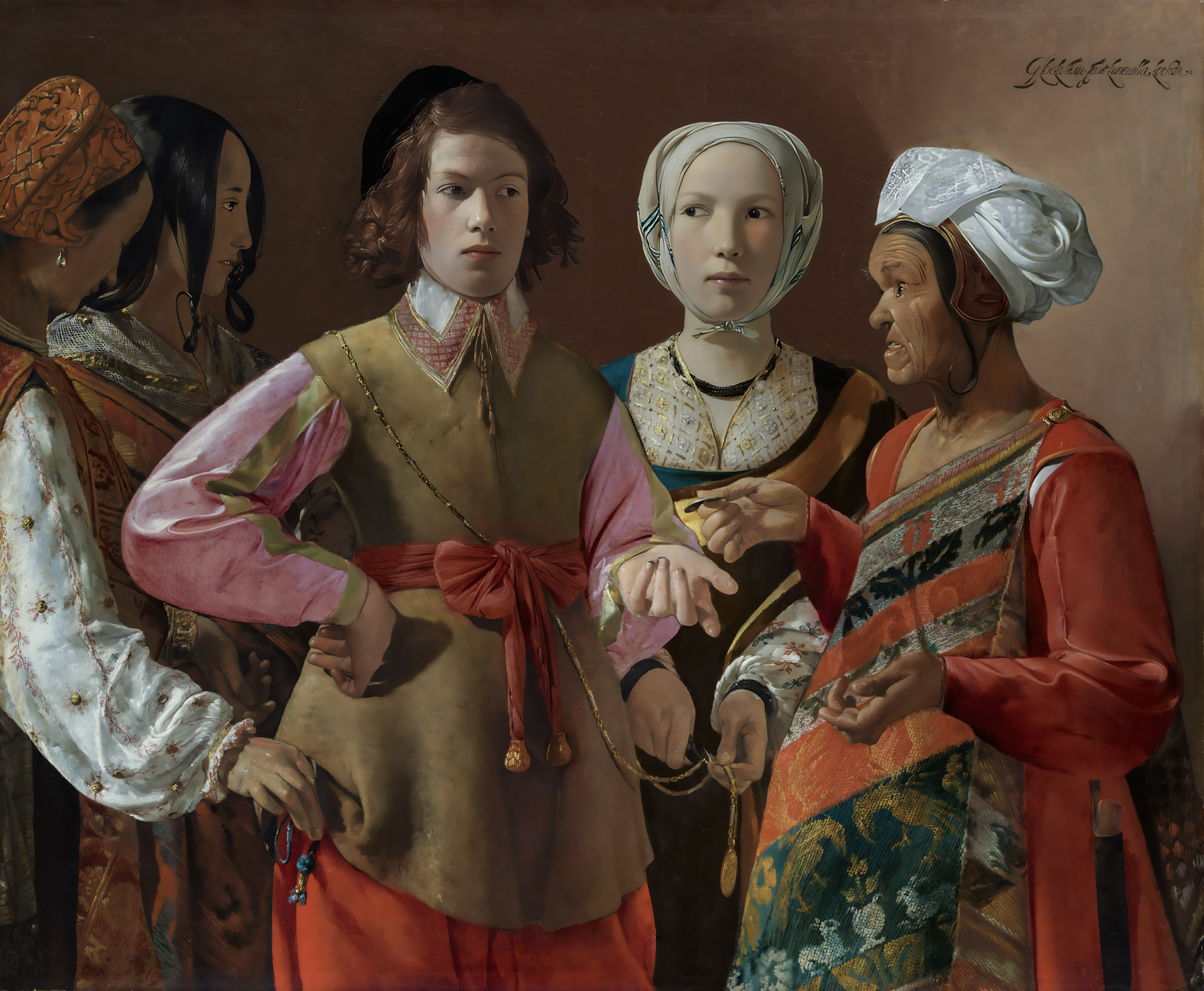 Baroque: A group of four individuals in Renaissance attire, with one holding a gold coin. The scene captures an interaction with a mix of curiosity and suspicion.