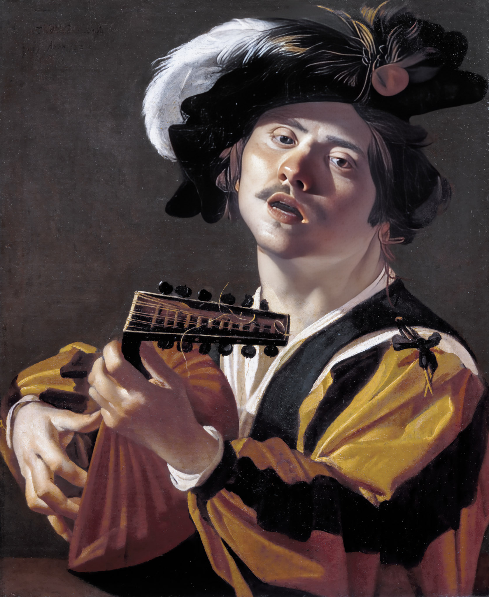 Portrait of a young musician playing a lute, wearing a black hat with a white feather. His striped yellow and black clothing suggests a lively, passionate mood.