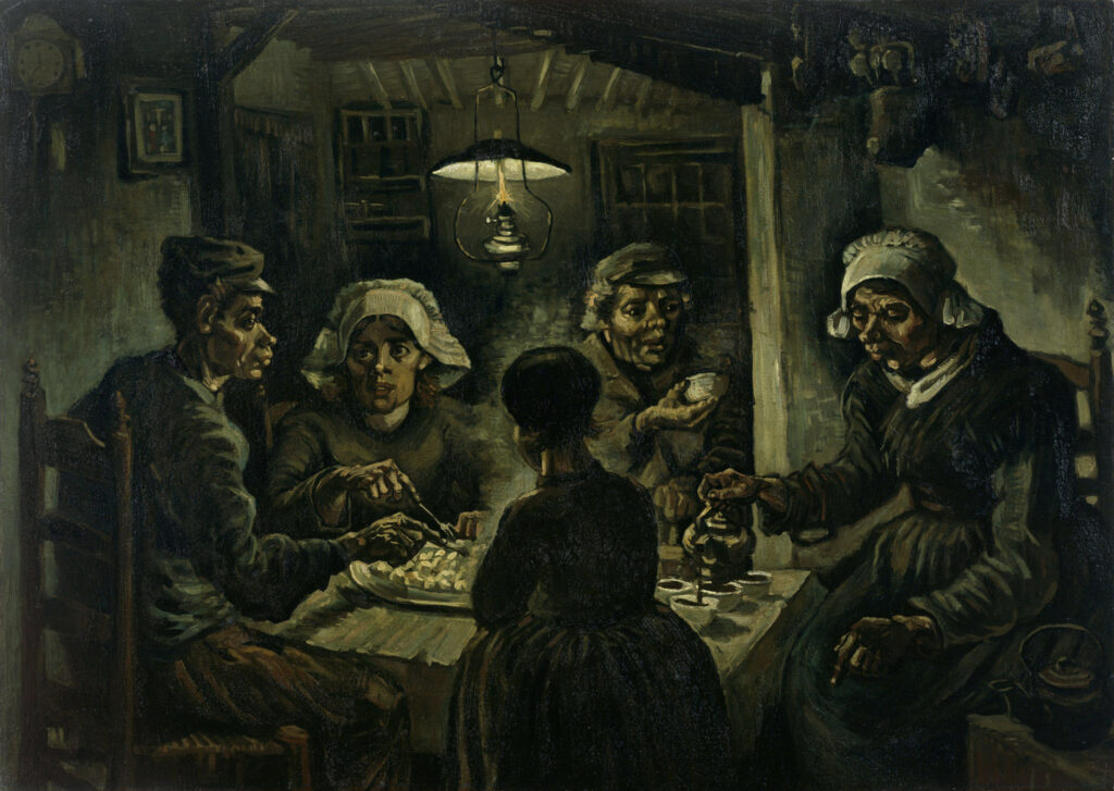 The Potato Eaters: Van Gogh . Five people sit around a dimly lit table, sharing a meal of potatoes. The somber lighting and expressions convey a mood of simplicity and hardship.