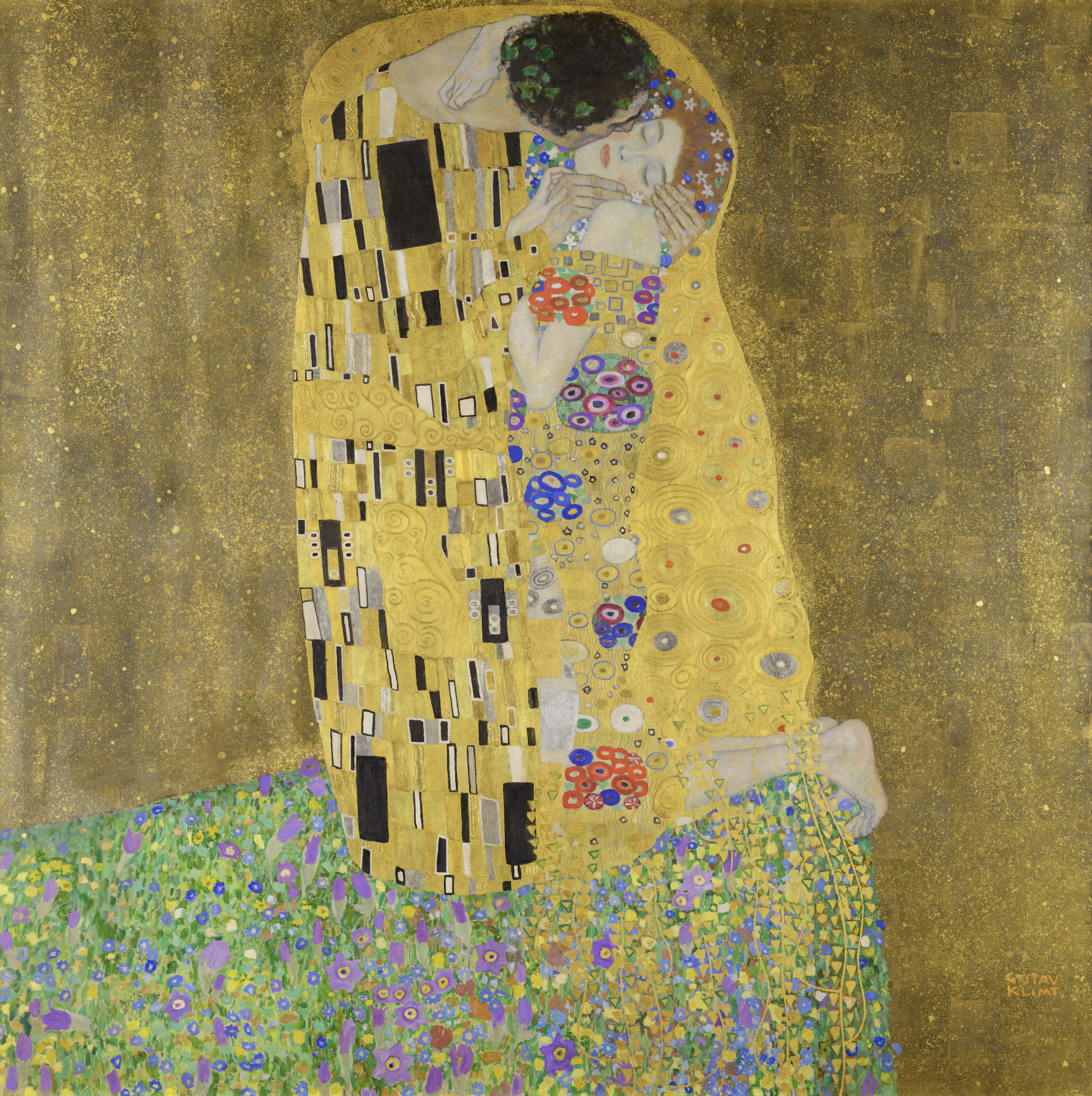 A couple embraces and kisses, wrapped in a golden, patterned cloak against a shimmering gold background. The ground is adorned with colorful flowers, conveying love and intimacy.
