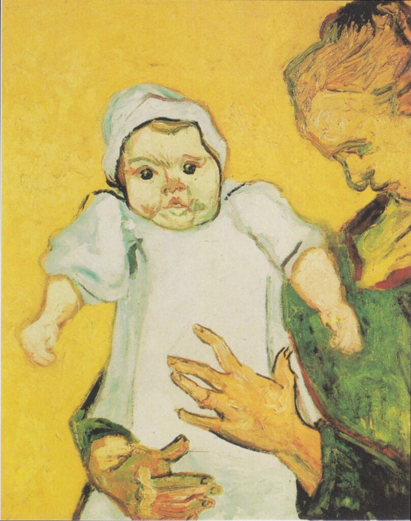 Madame Roulin and Her Baby. A mother tenderly holds a baby dressed in white. The background is a vibrant yellow, creating a warm, nurturing atmosphere. The baby's expression is curious.