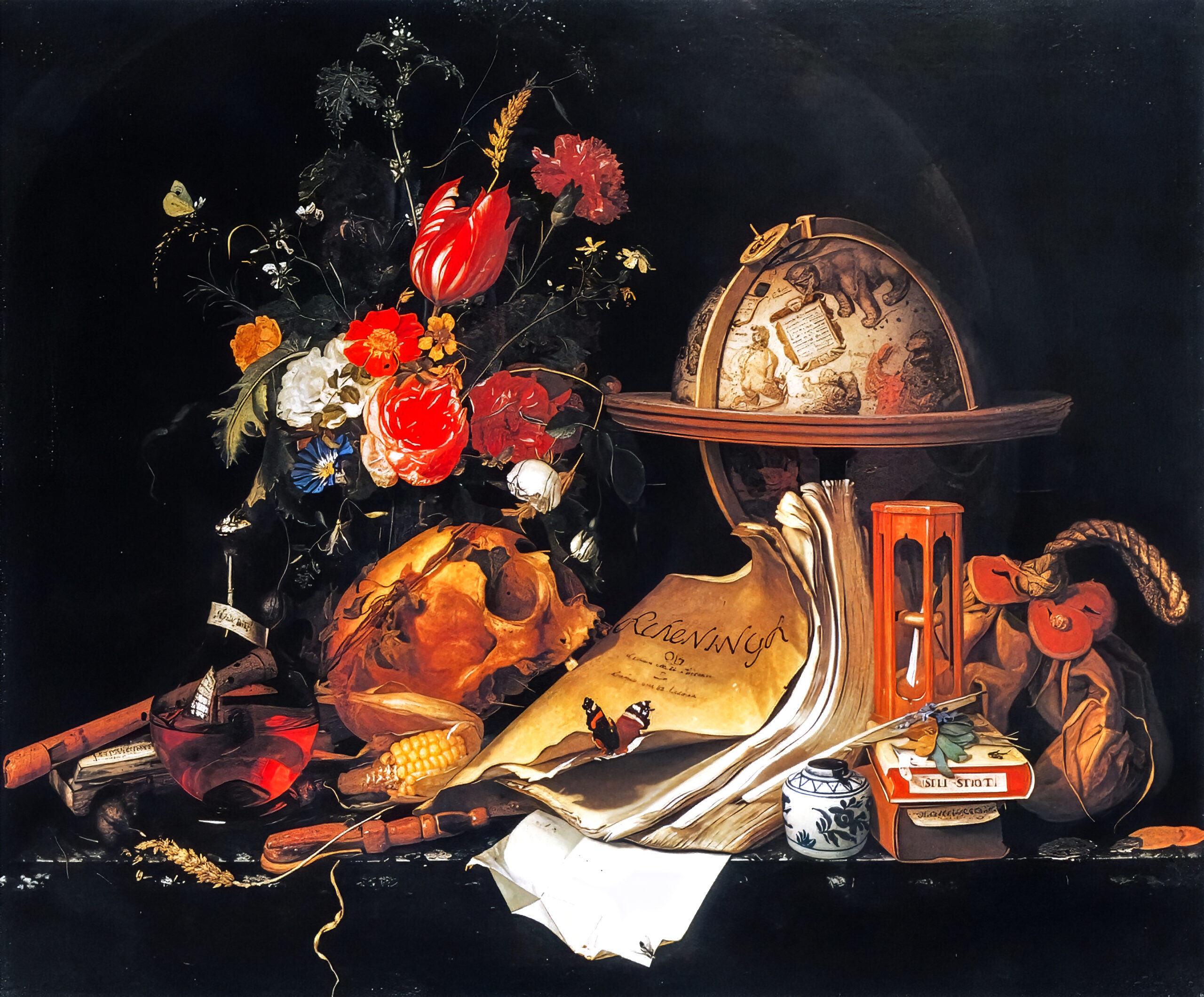 A still life painting featuring a vibrant bouquet of flowers, a skull, an hourglass, a globe, and an open book on a dark background, conveying a contemplative tone.