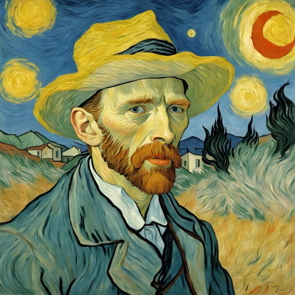 A painted portrait depicts a man with a straw hat and a red beard, set against a swirling night sky with bright stars and crescent moon, evoking a vivid, introspective mood.