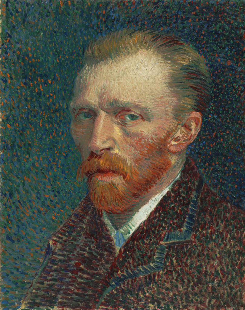 A painting of a man with red hair and a beard, wearing a textured coat. The background is dotted with vibrant blue, green, and orange strokes, conveying intensity.