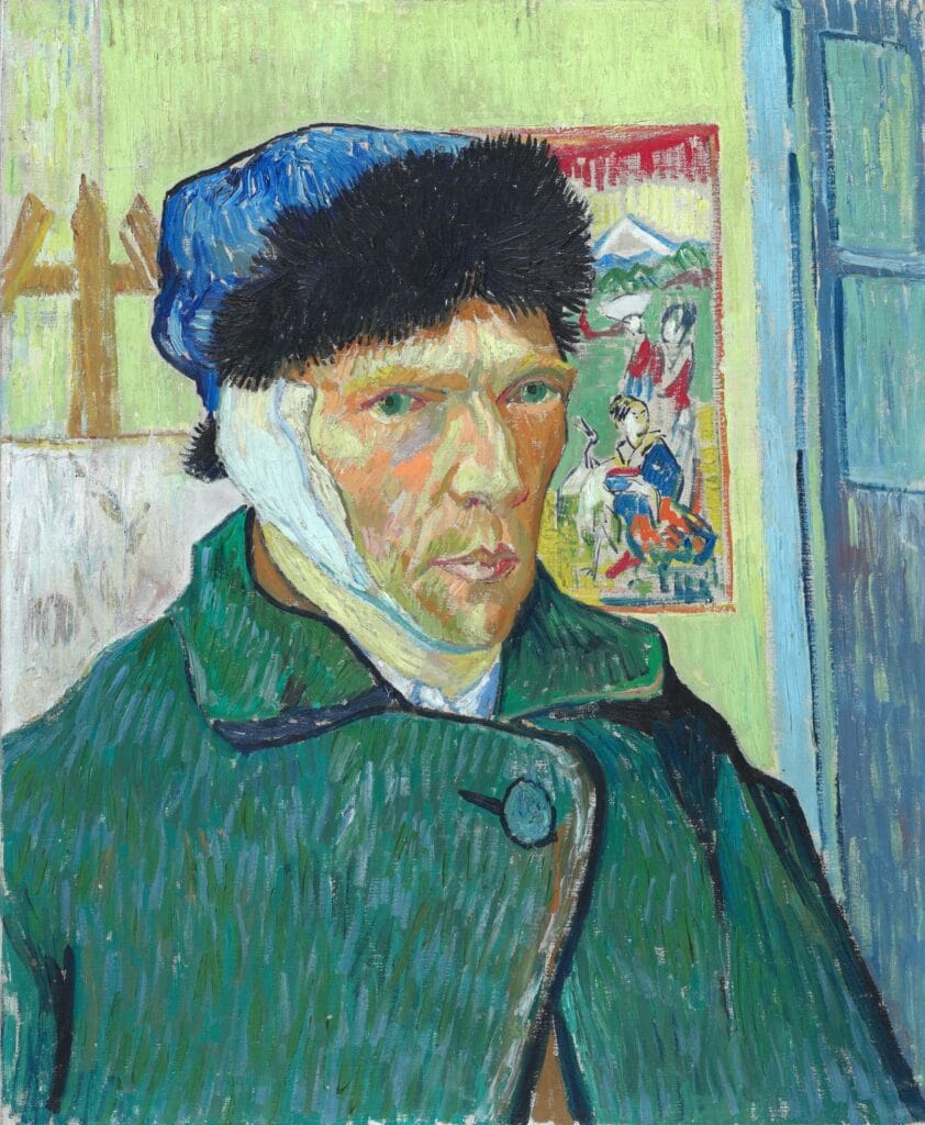 A painting of a man wearing a blue hat and a green coat, with a bandaged ear, gazes forward. The background features a colorful poster and muted tones.